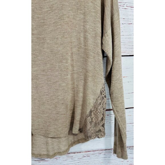 Spoiled Taupe Long Sleeve Top With Lace Accents Lightweight Scoop Neck Womens M - Picture 6 of 11